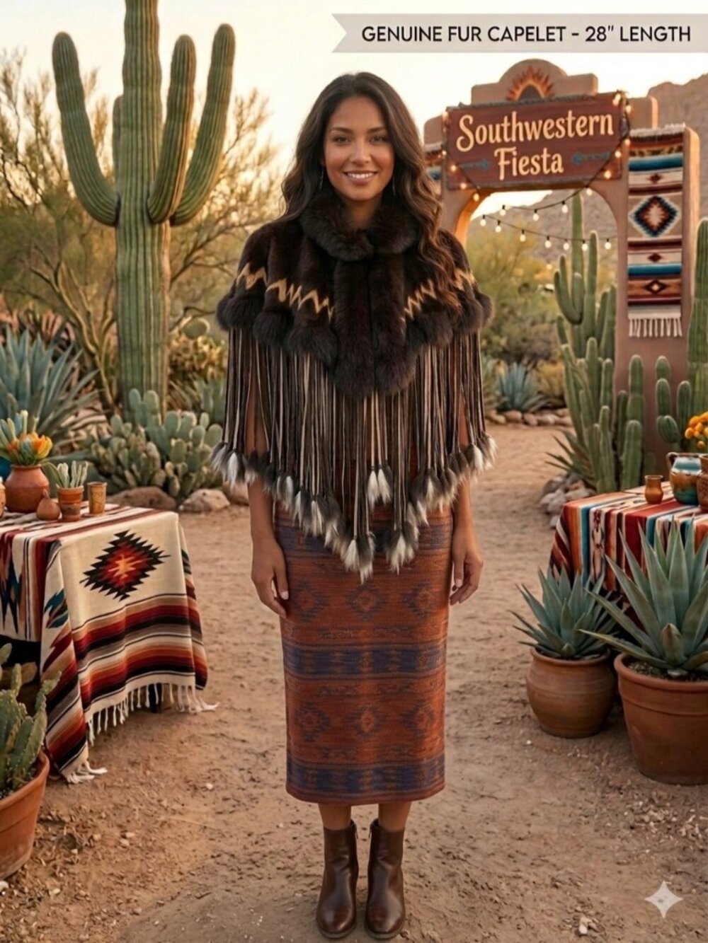 Vintage Genuine Fur Fringe Poncho Fox Chevron Southwestern capelet